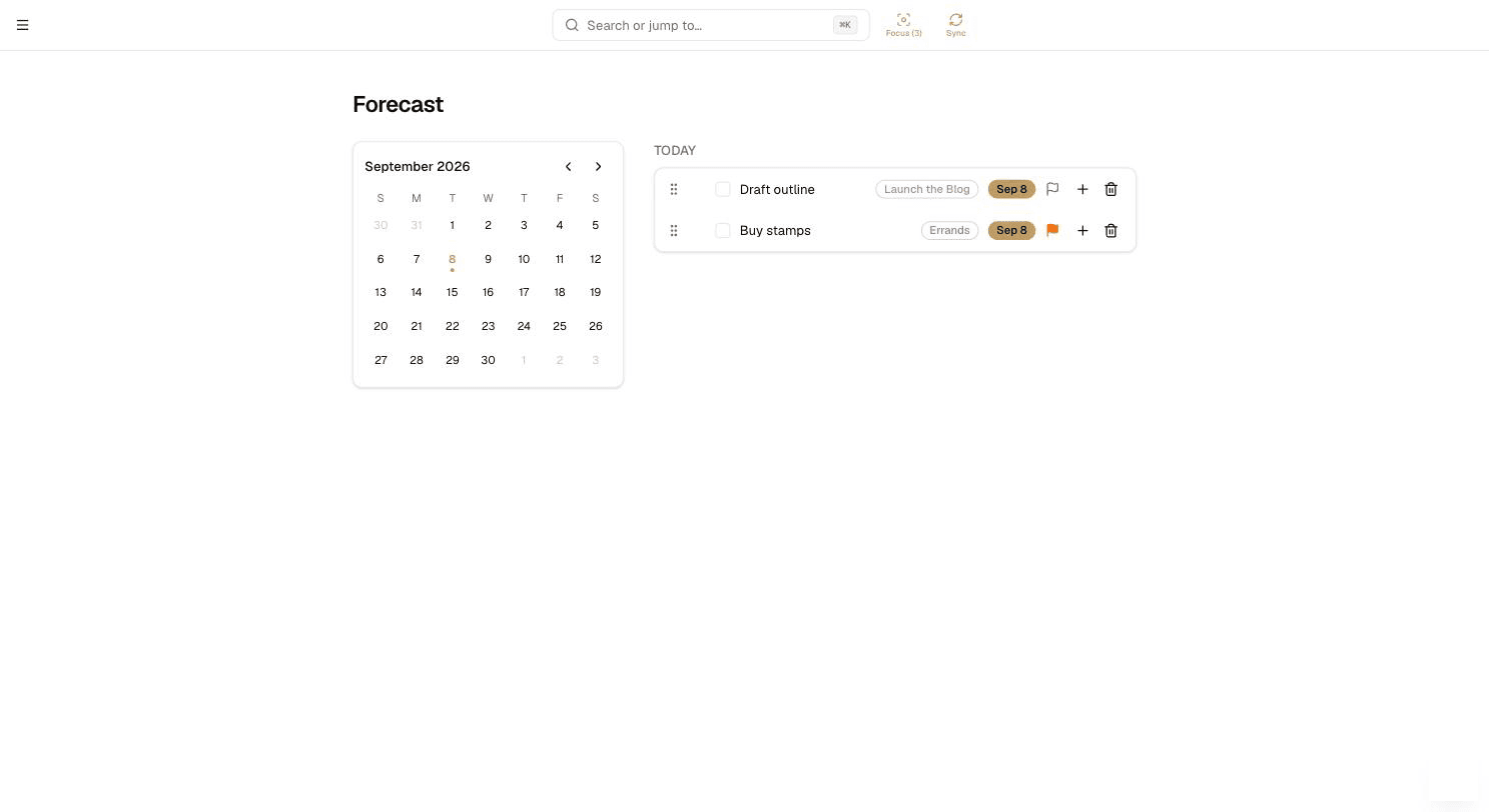 The Forecast calendar view showing days with due tasks