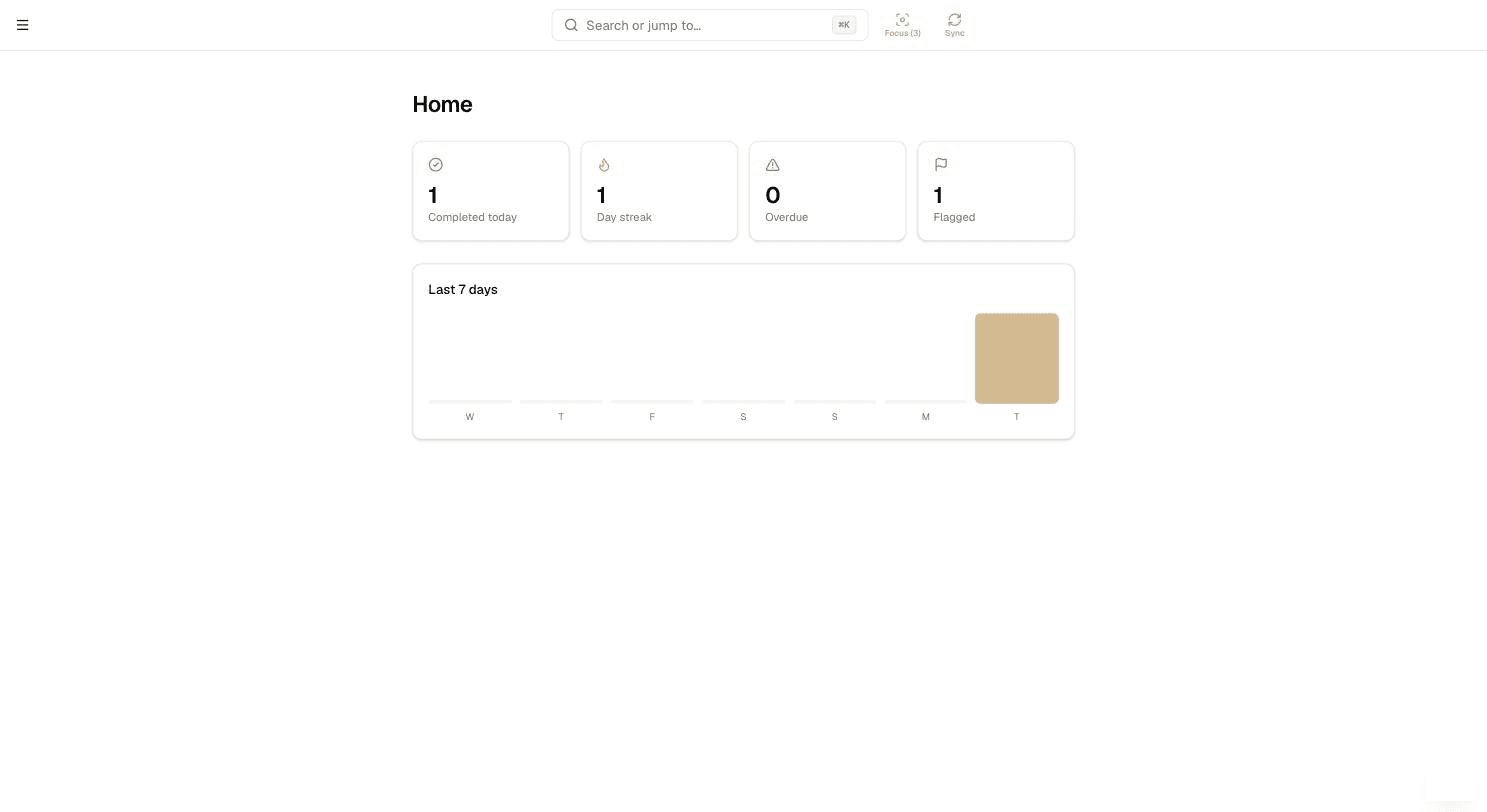The Home dashboard with completion streak, overdue count, and a 7-day activity chart