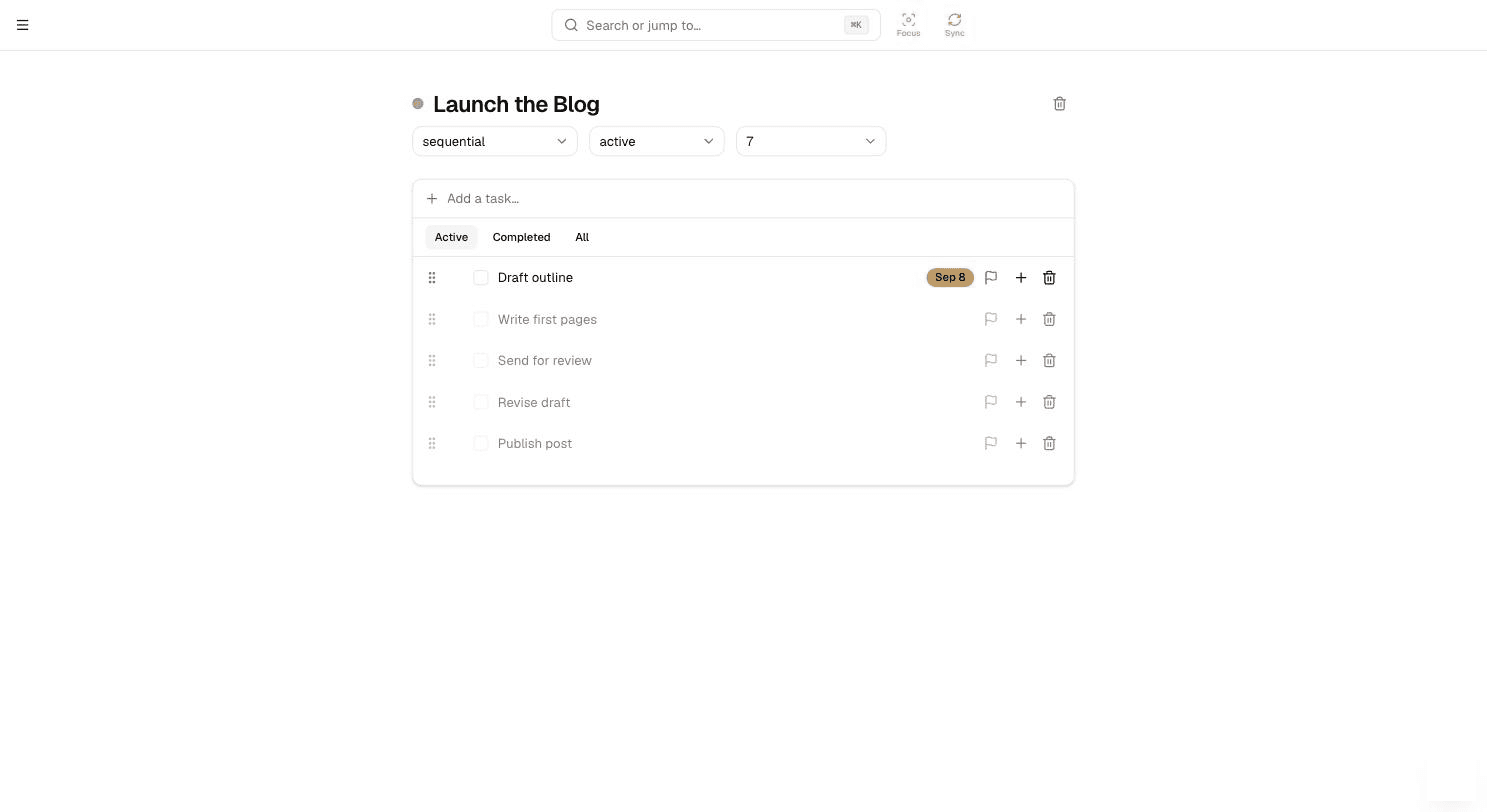 A sequential project with only the first task available and the rest greyed out