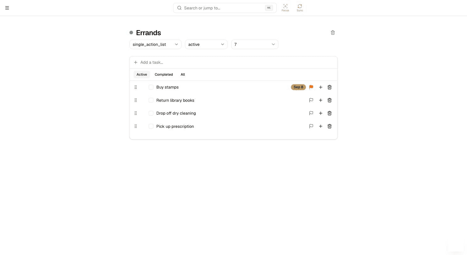 A single action list project with a flat checklist of unrelated tasks