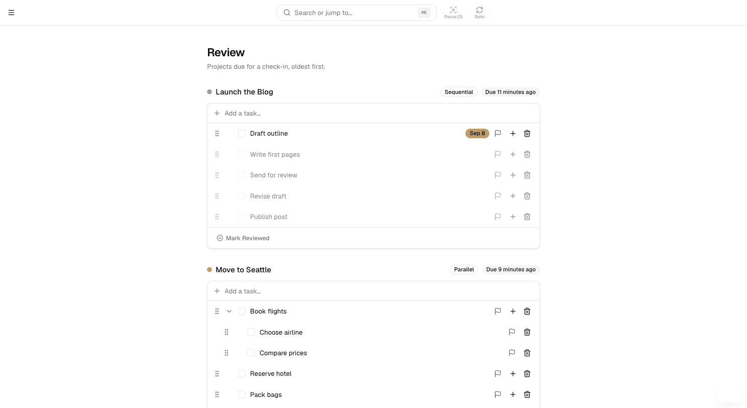 The Review page listing projects due for their periodic review