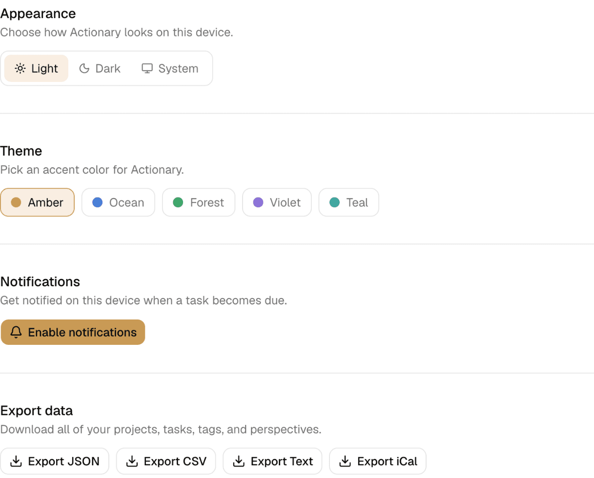 The Appearance, Theme, Notifications, and Export data sections of the Settings page