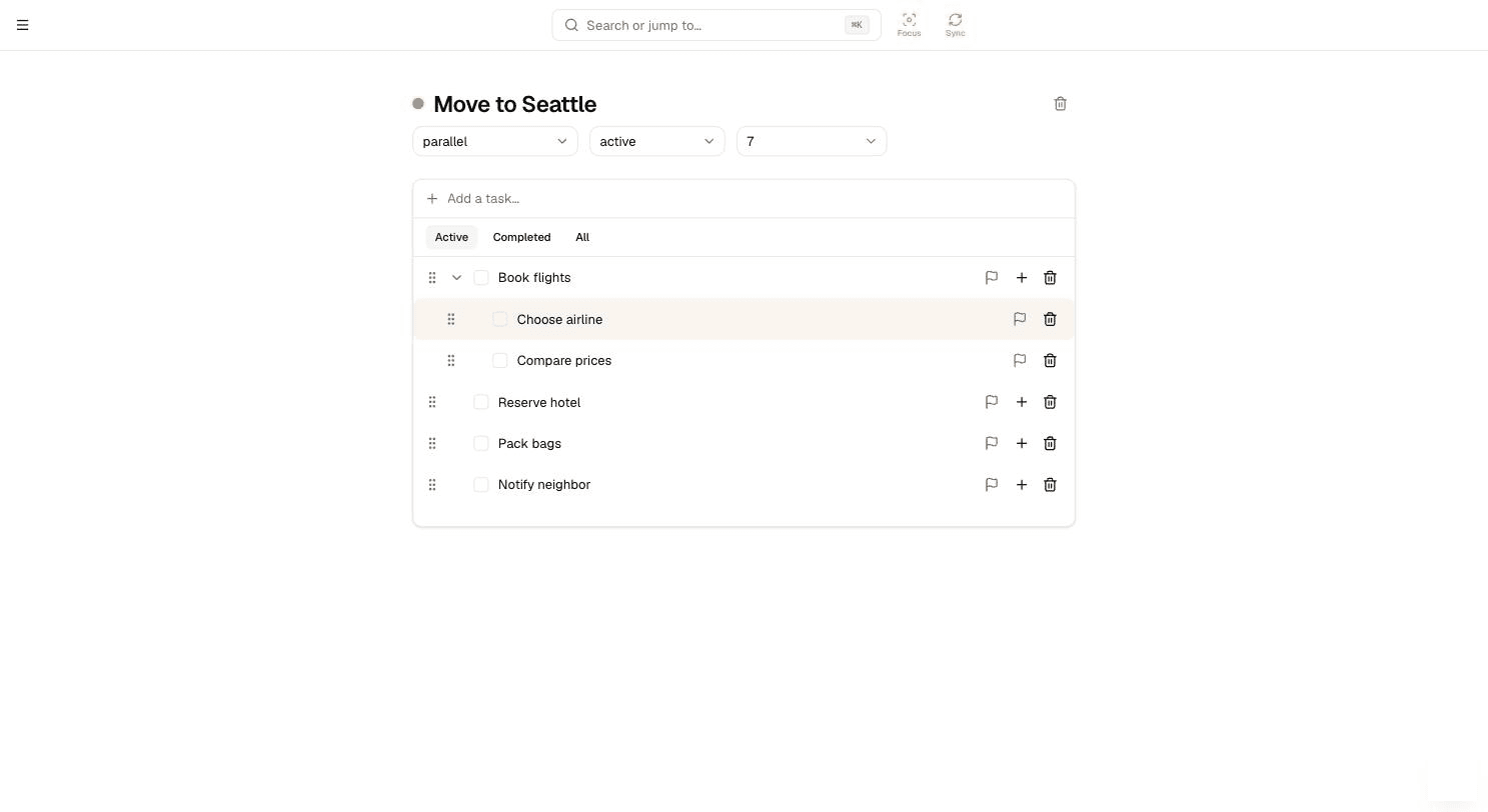 Subtasks nested under a task in a project, added via the row's add-subtask control