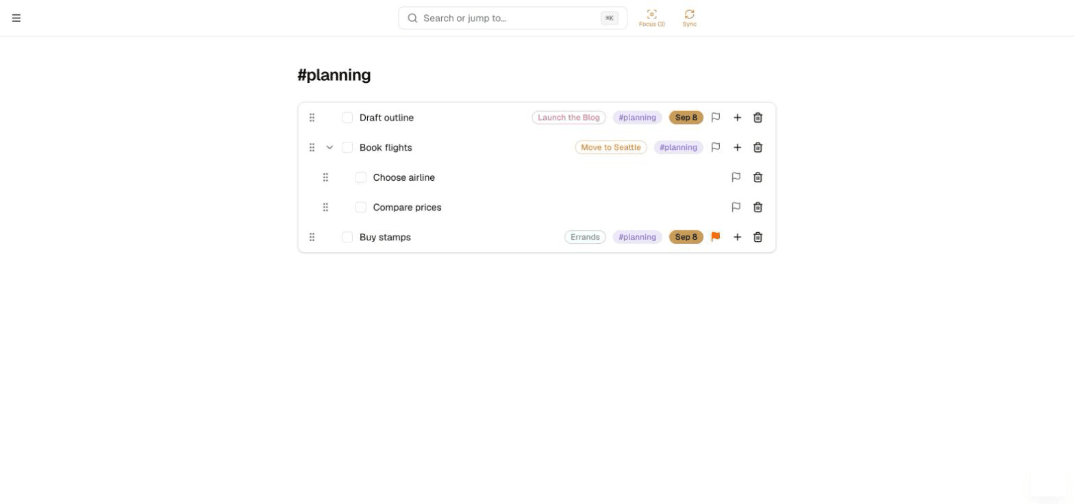 A tag's filtered task list, showing tasks pulled in from different projects that share the same tag