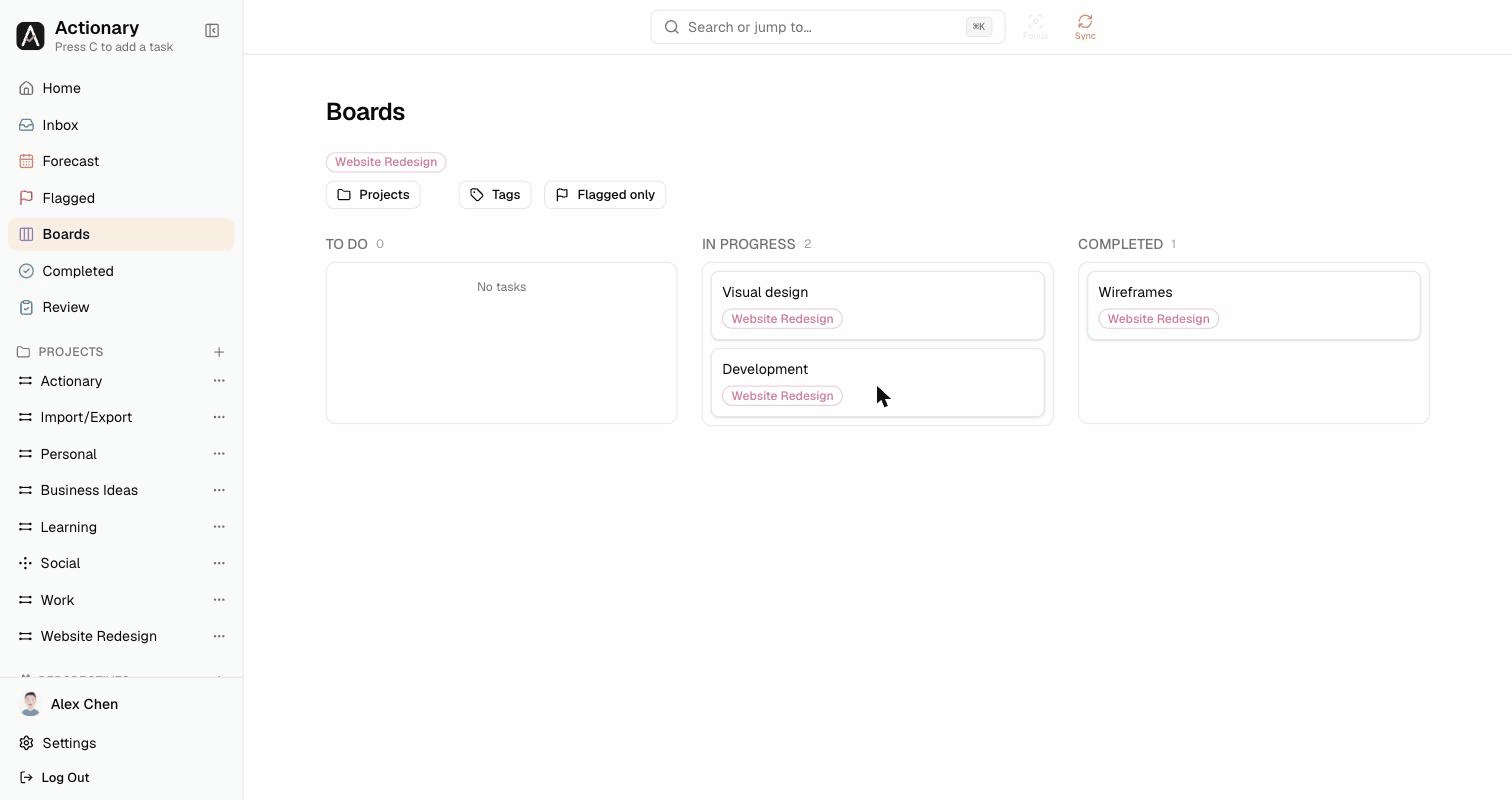 Dragging a task card between To Do, In Progress, and Completed columns on the Boards page