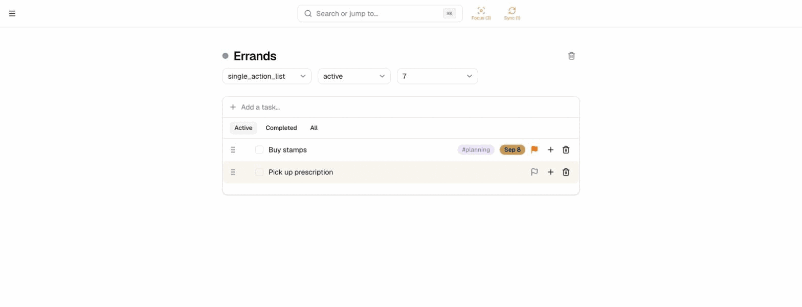 Completing a task in a single-action-list project